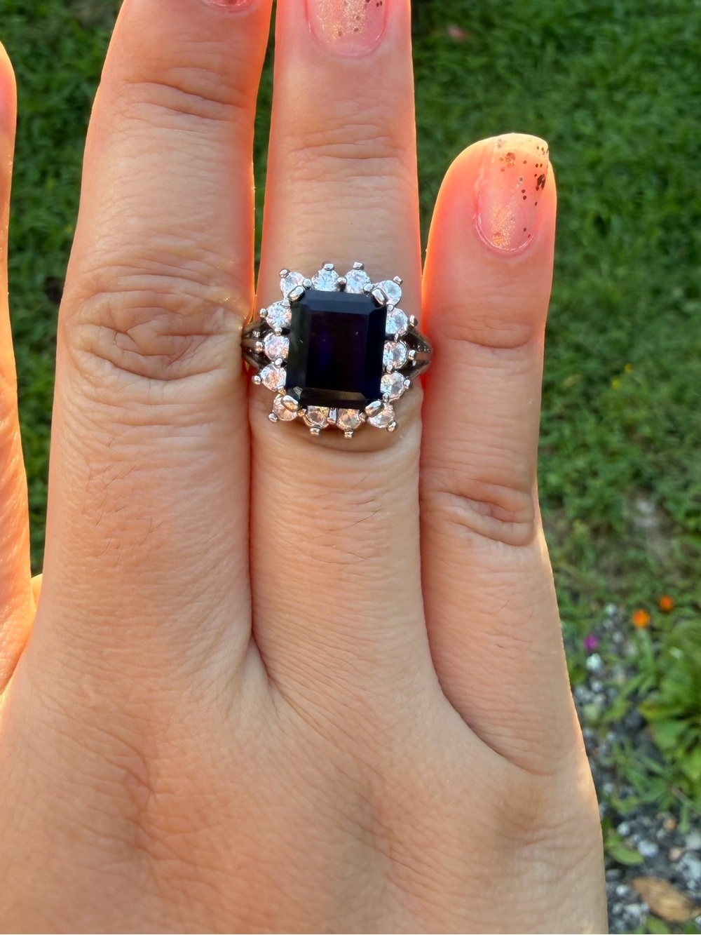 Avon Deep Purple Center Stone Halo Ring with Clear Accents